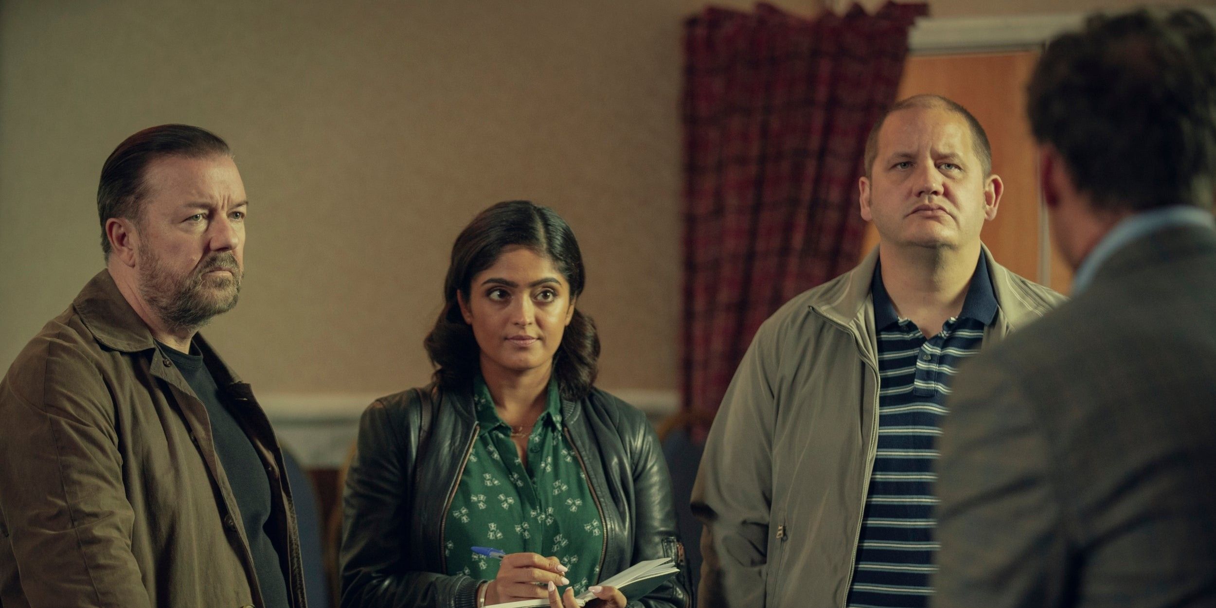 Ricky Gervais as Tony, Mandeep Dhillon as Sandy and Tony Way as Lenny in After Life