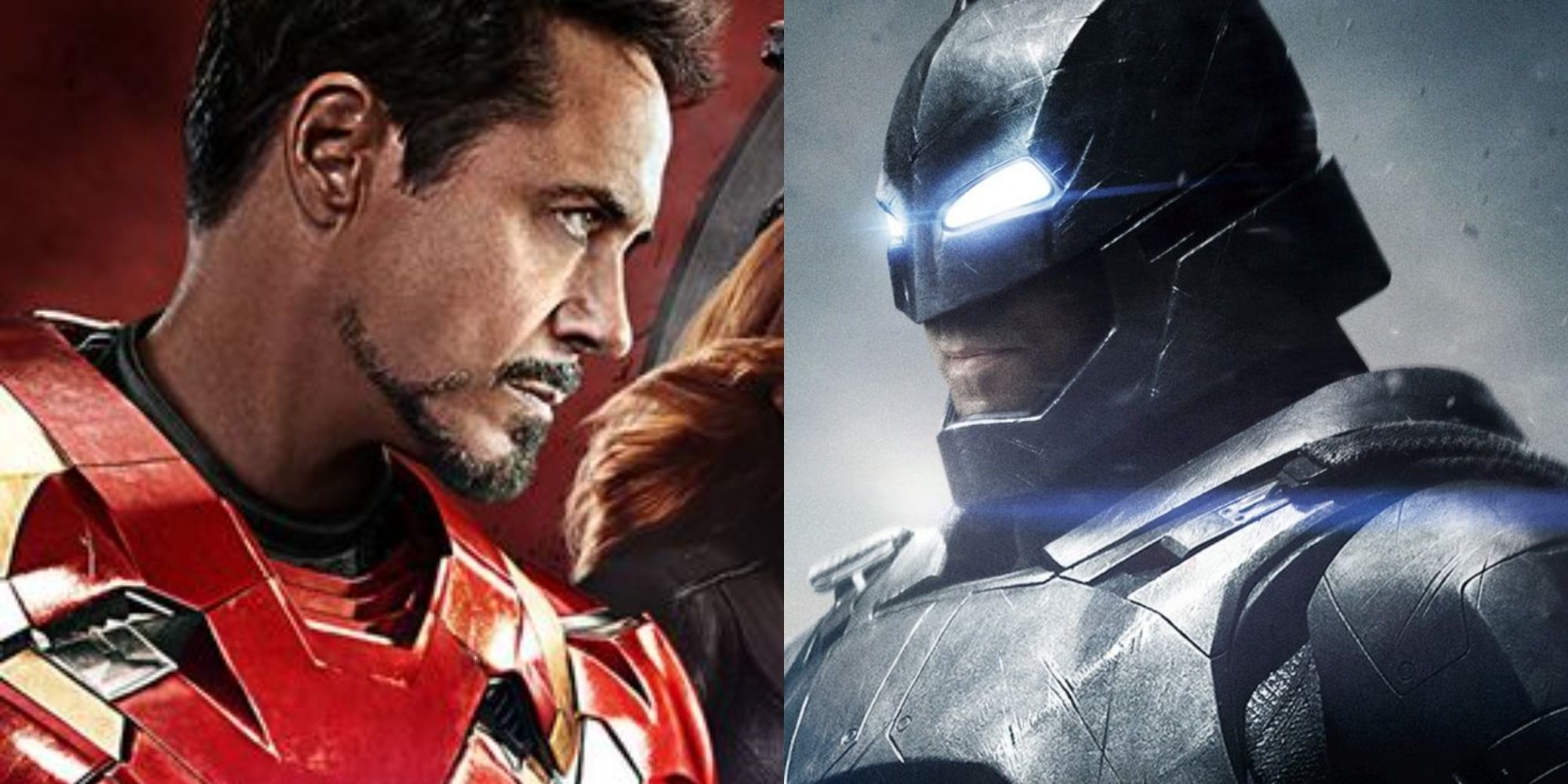 Robert Downey Jr's Iron Man and Ben Afleck's Batman facing each other in side by side images