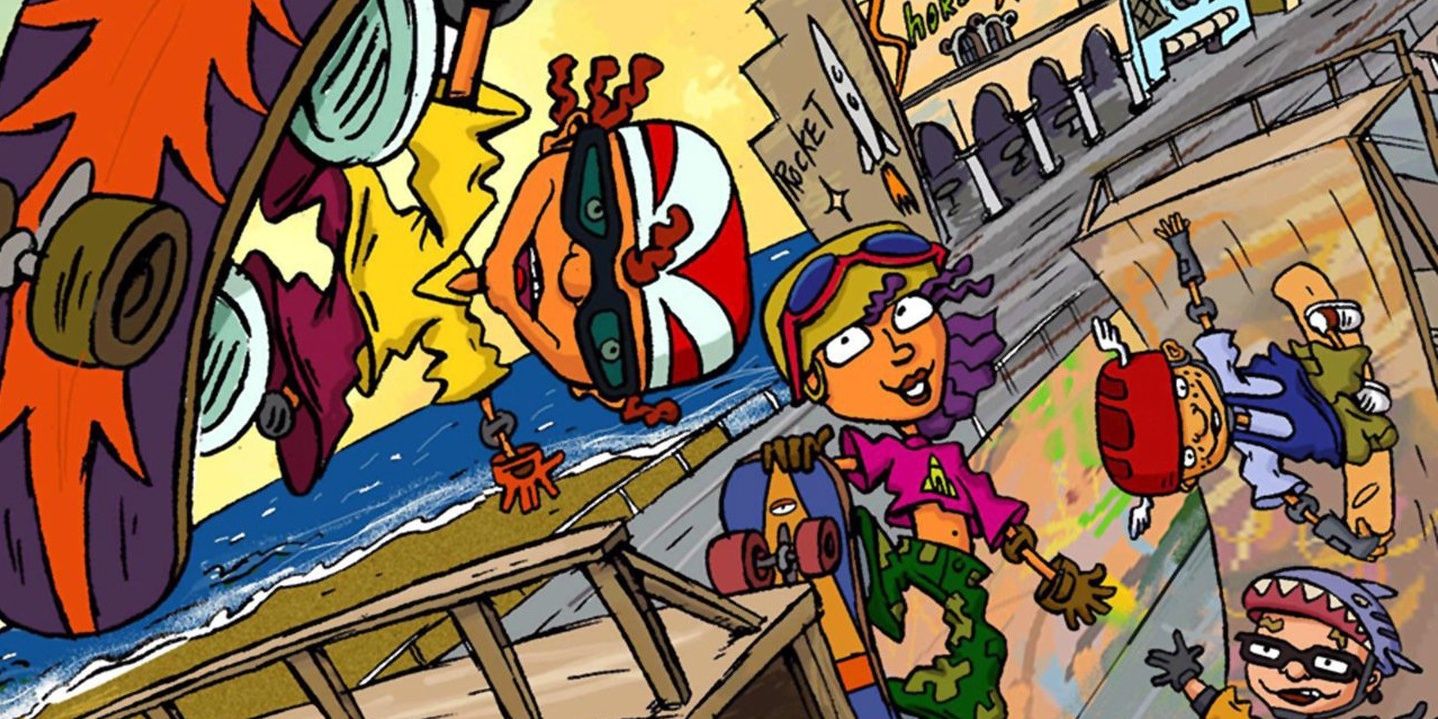 The cast of Rocket Power skateboarding on the beach