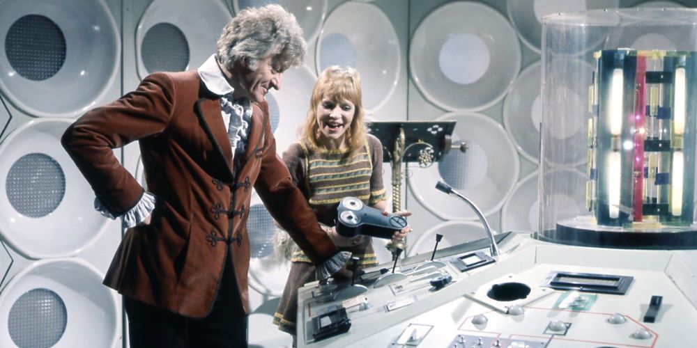 The Third Doctor played by Jon Pertwee in Doctor Who in the TARDIS with his companion