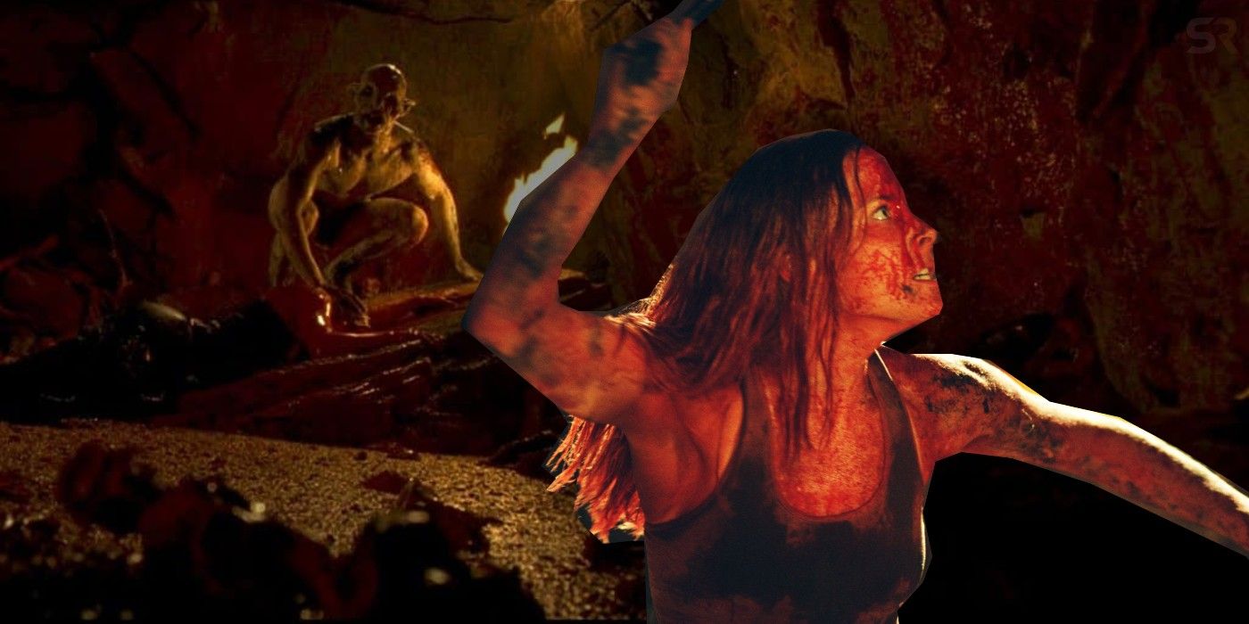 A collage image of Sarah and the crawler leader in The Descent 2