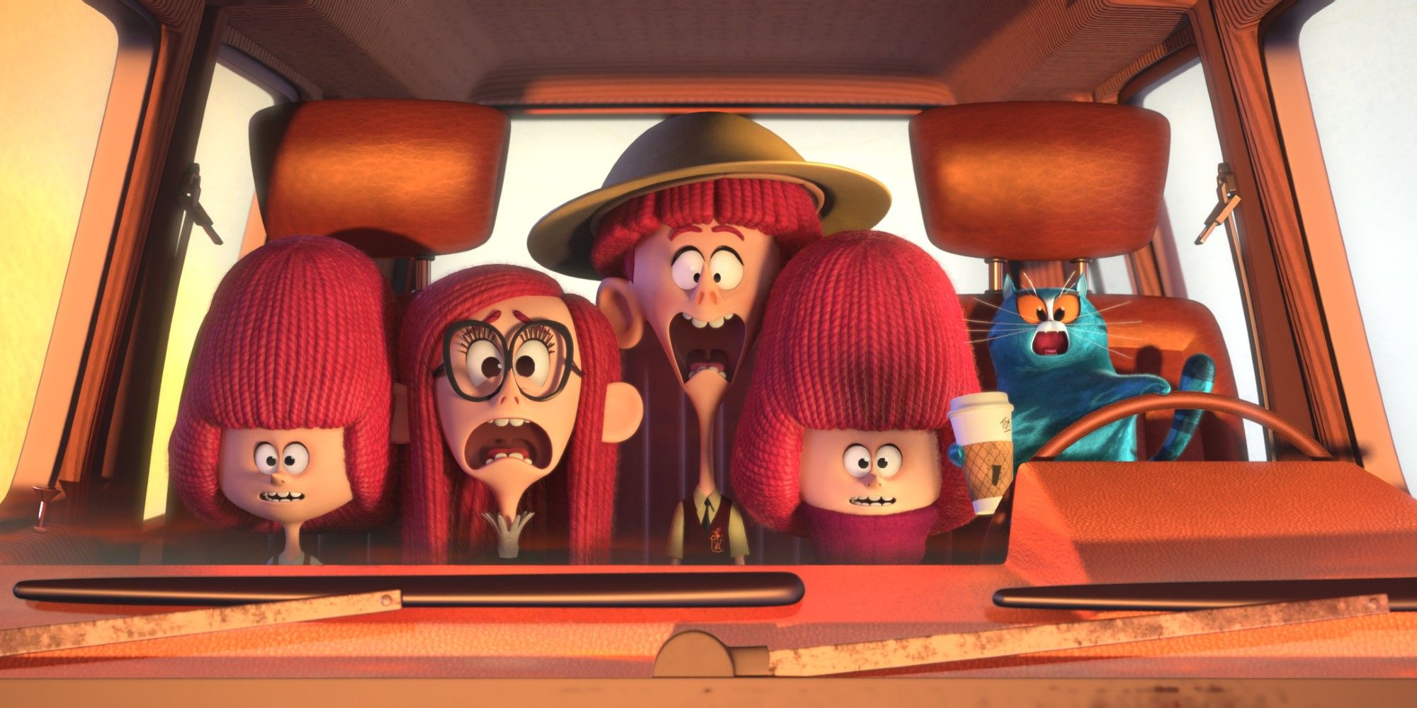 Seán Cullen, Alessia Cara, Will Forte and Ricky Gervais's characters seated in a car in a still from The Willoughbys