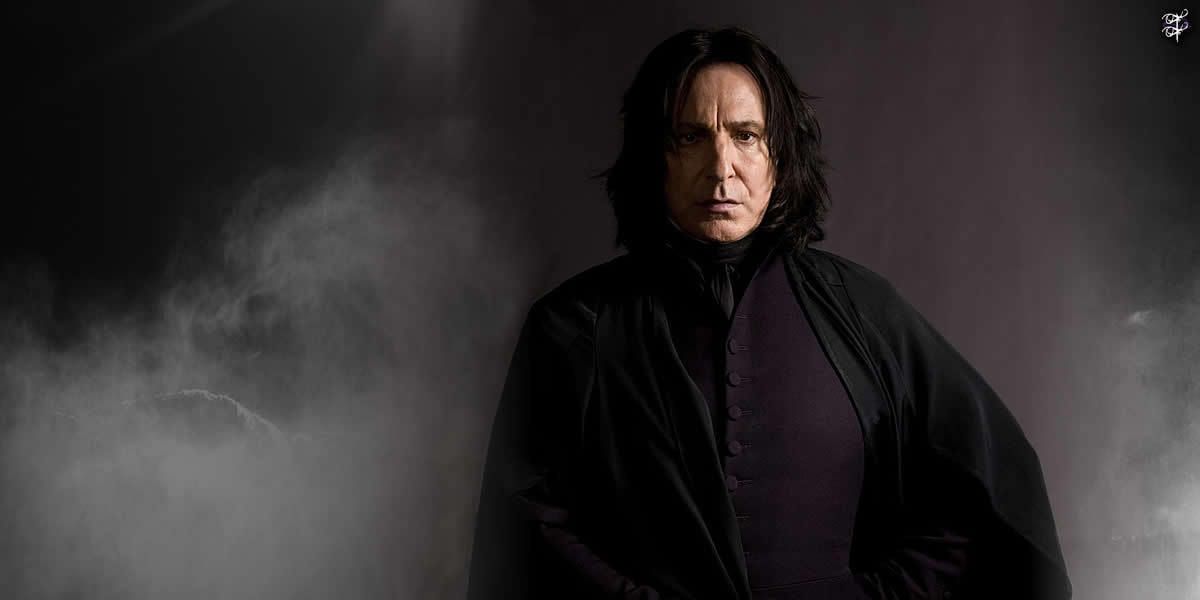 Snape in black robes surrounded by mist and darkness