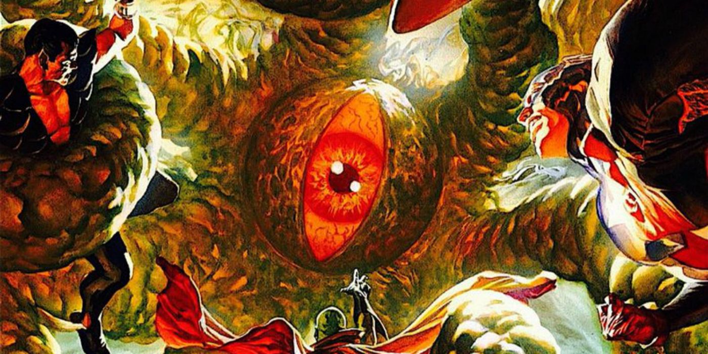 Shuma-Gorath opens its giant eye as Captain America and other heroes fight it in Marvel Comics.