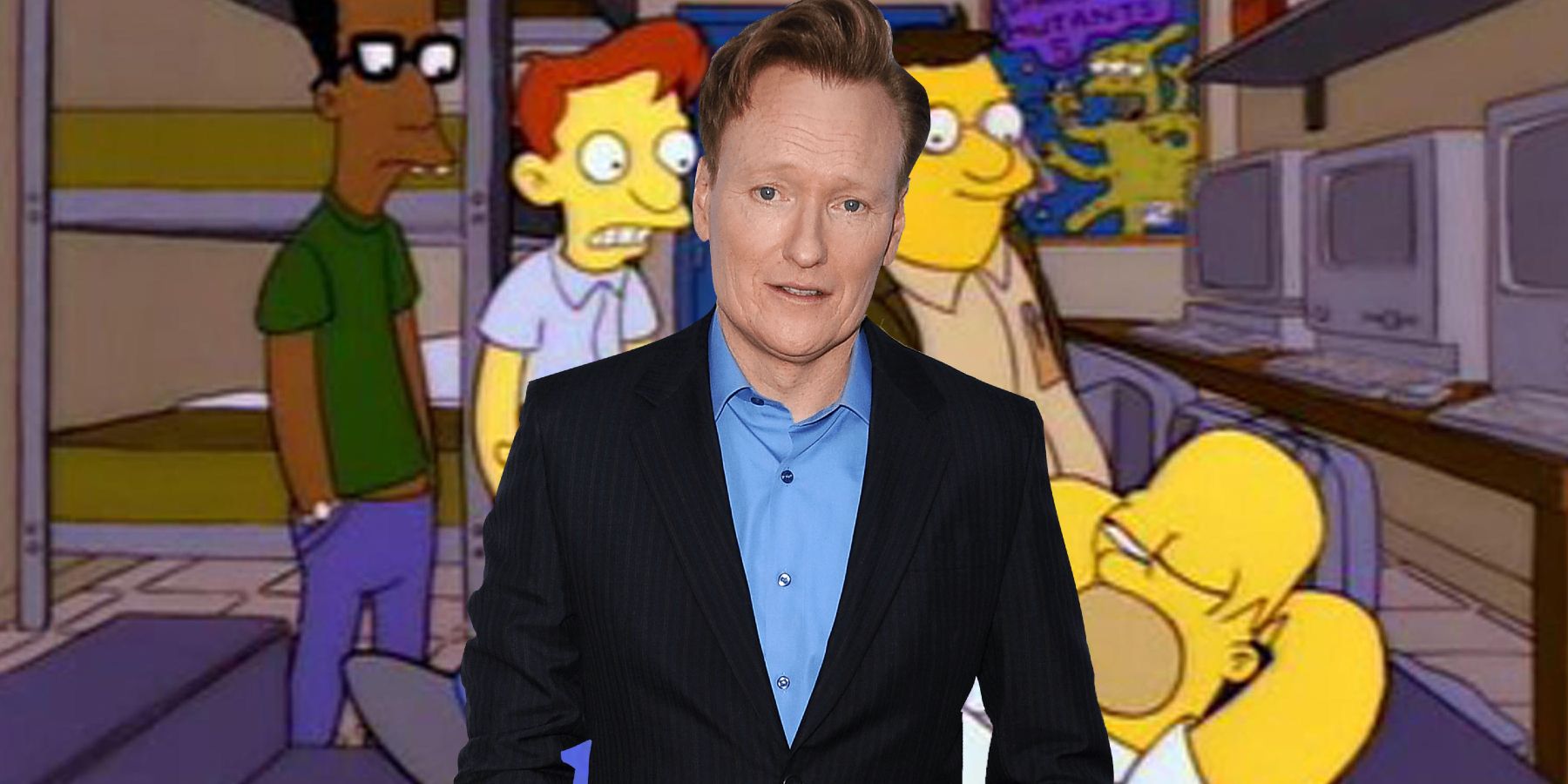 Conan O'Brien photoshopped in front of a Simpsons image of Homer's co-workers finding him sleeping