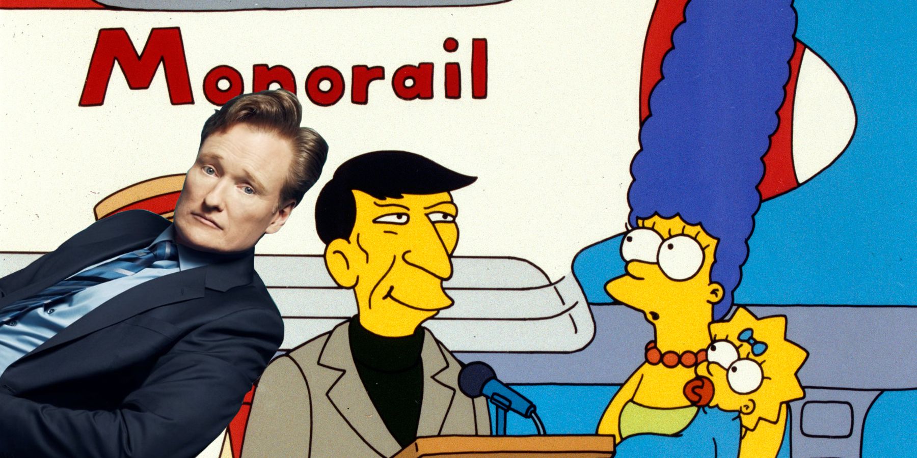 Conan O'Brien photoshopped into an image of Marge and Maggie in front of a monorail