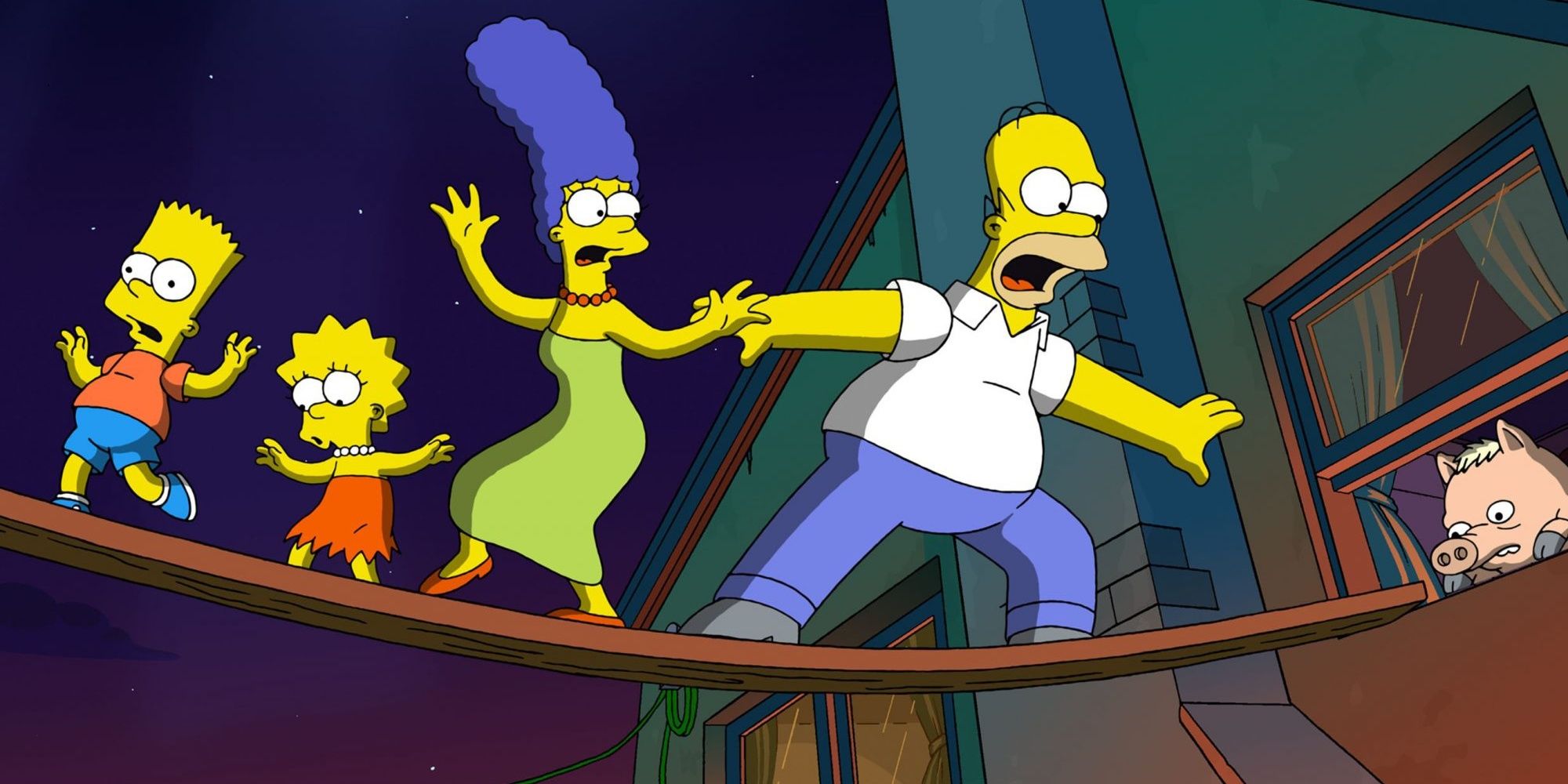 The Simpsons climb on a plank in The Simpsons Movie