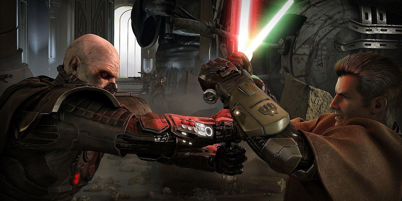 Darth Malgus in a lightsaber duel in Star Wars.