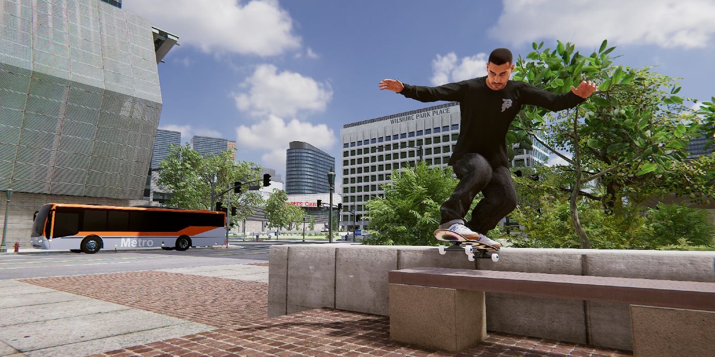 A character skating on the seats in Skater XL Preview