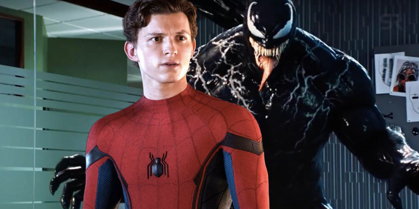 An image of an unmasked Spider-Man (Tom Holland) staring off into the distance;  The Venom symbiote (Tom Hardy) stands at full size