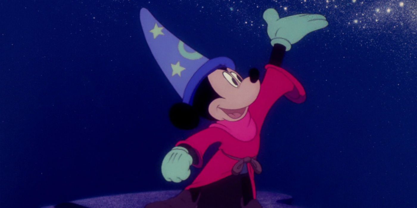 Sorcerer Mickey standing on the mountain in Fantasia