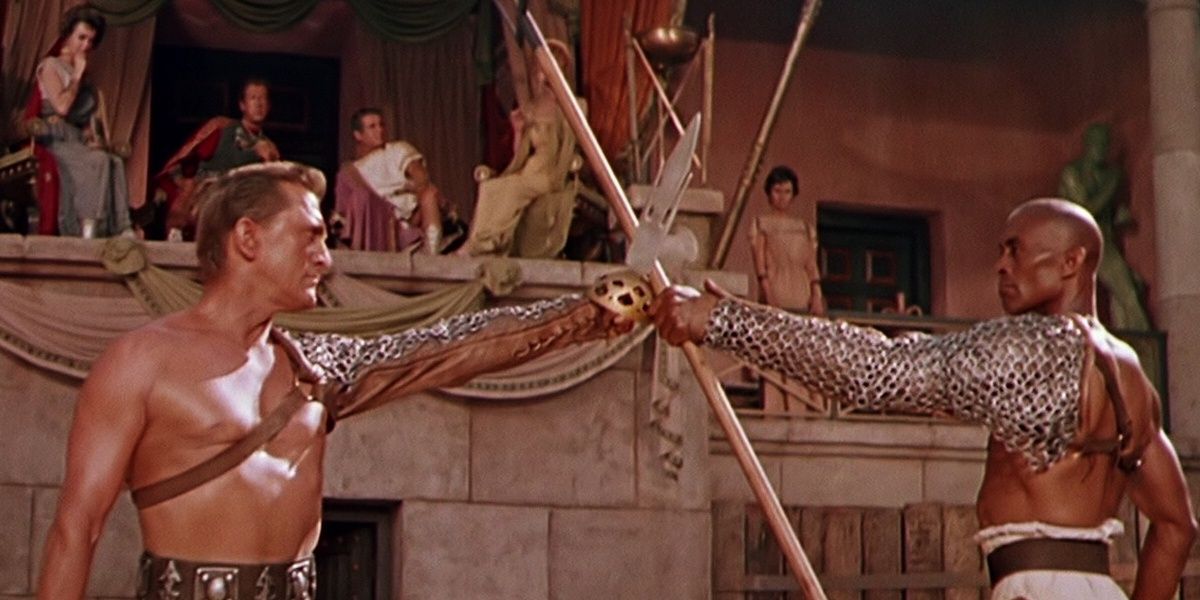 Two men about to fight in Spartacus.