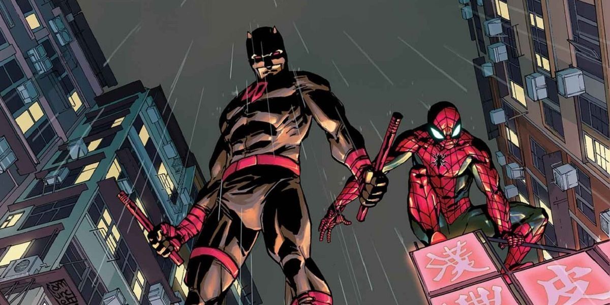 Daredevil And Spider-Man teaming up in comics.