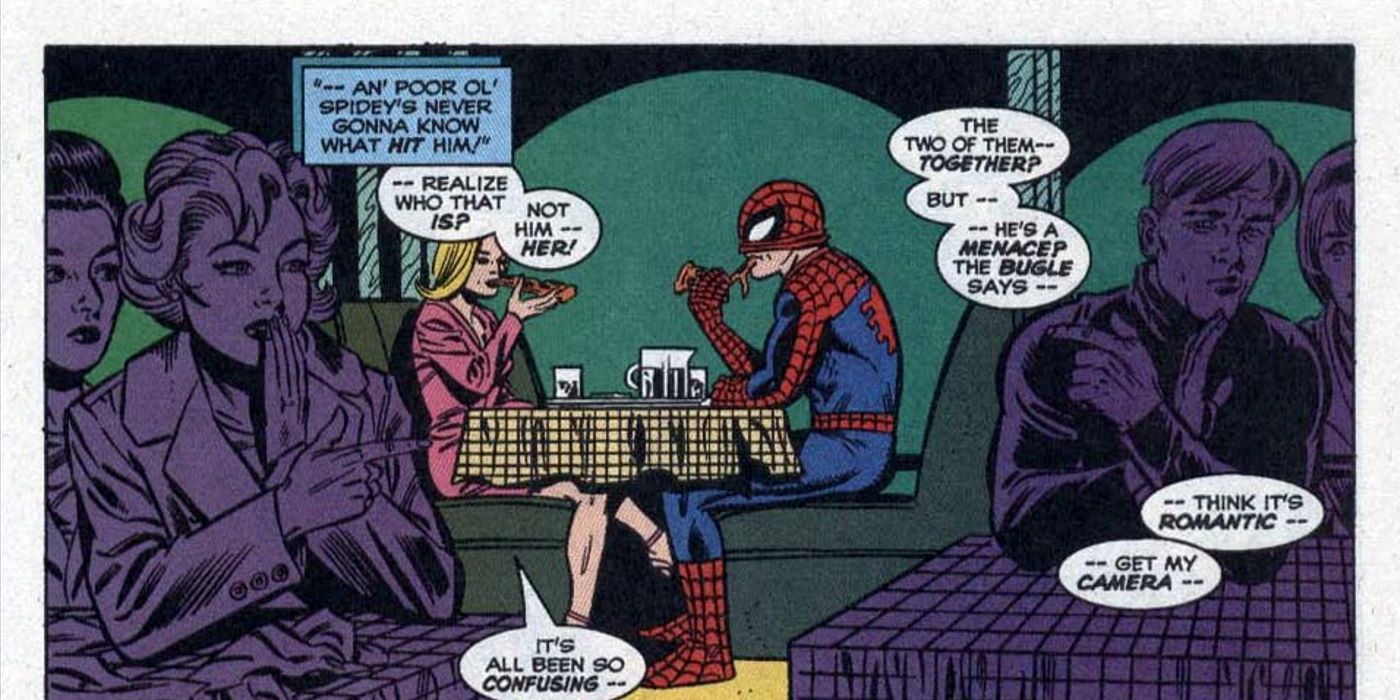 The Invisible Woman goes on a date with Spider-Man in Marvel Comics.