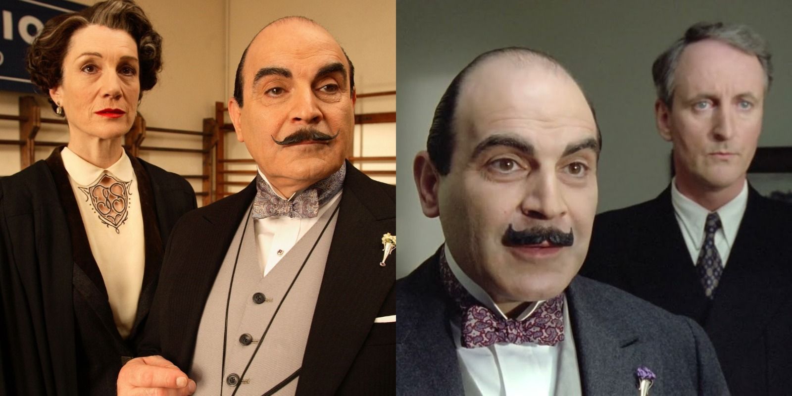 Split image of Poirot episodes "Cat Among the Pigeons" and "The ABC Murders"