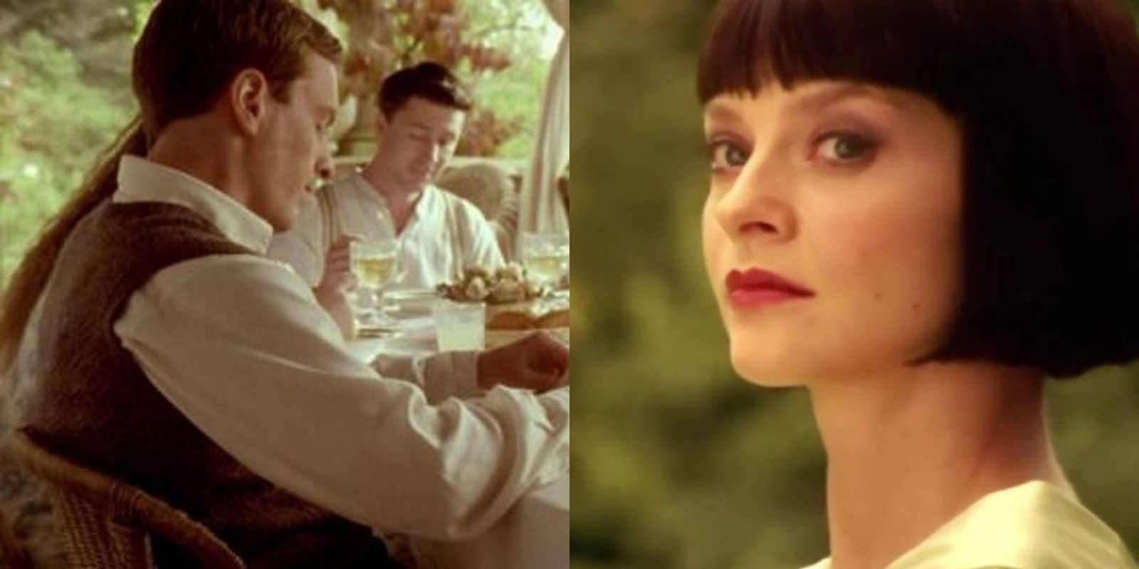 Split image of people eating and Elsa Greer in Poirot episode &quot;Five Little Pigs&quot;