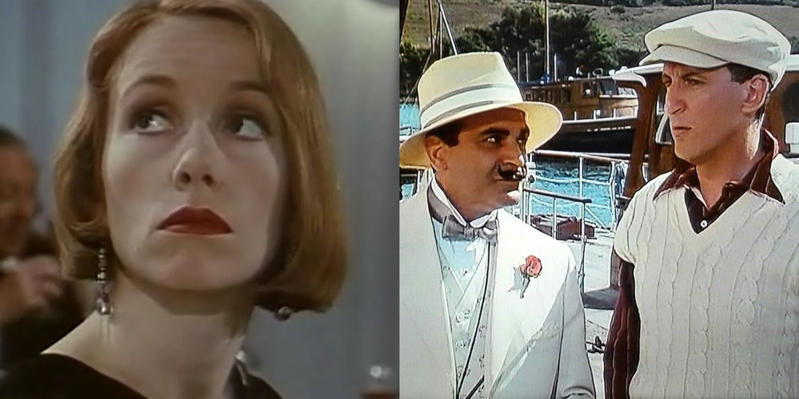 Split image of Freddie Rice and Hercule Poirot talking with Chief Inspector Japp in Poirot episode &quot;Peril at End House&quot;