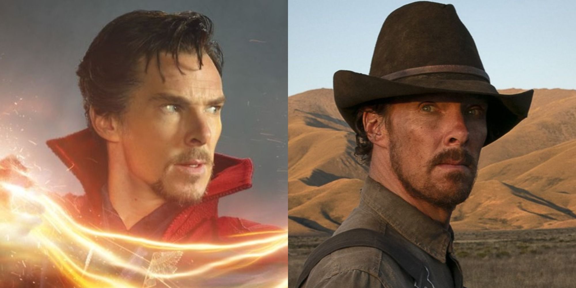 Split image of Benedict Cumberbatch in promo images for Doctor Strange and The Power of the Dog