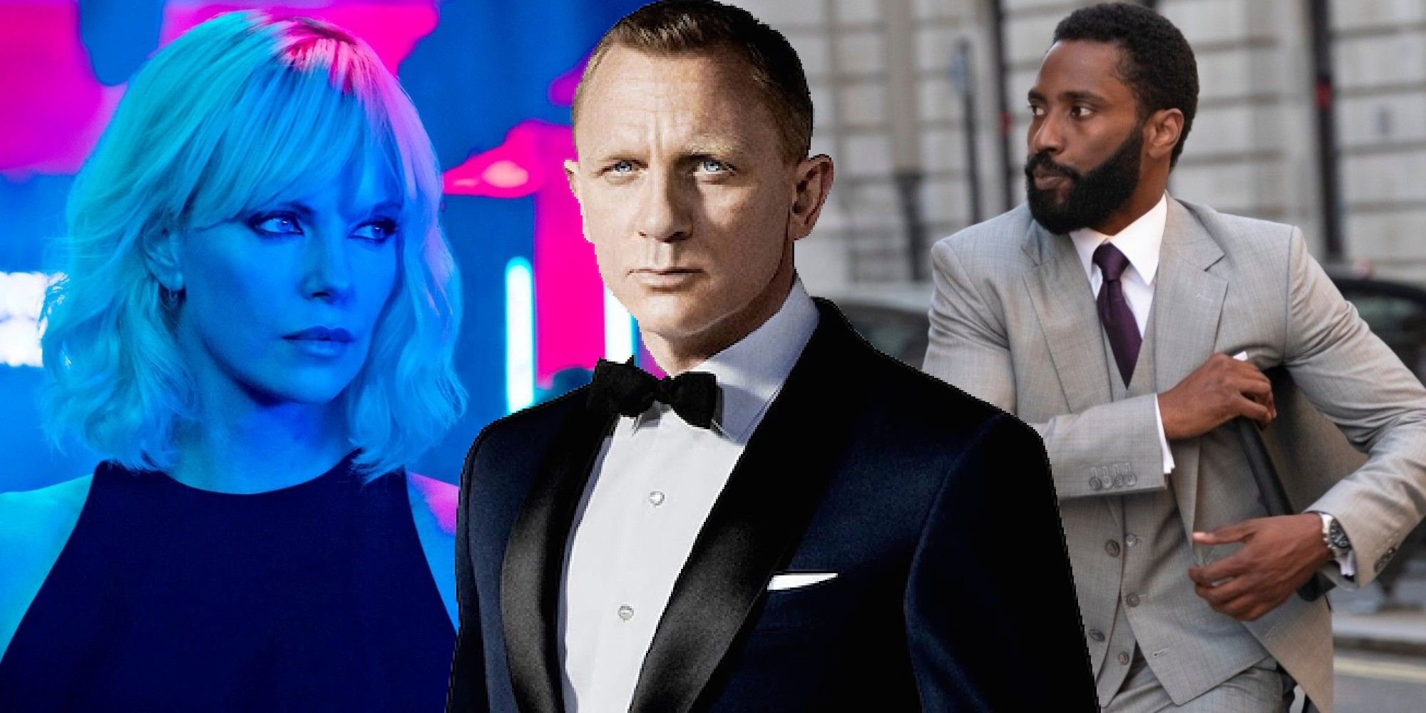 Split image of Charlize Theron in Atomic Blonde, Daniel Craig as James Bond and John David Washington in Tenet