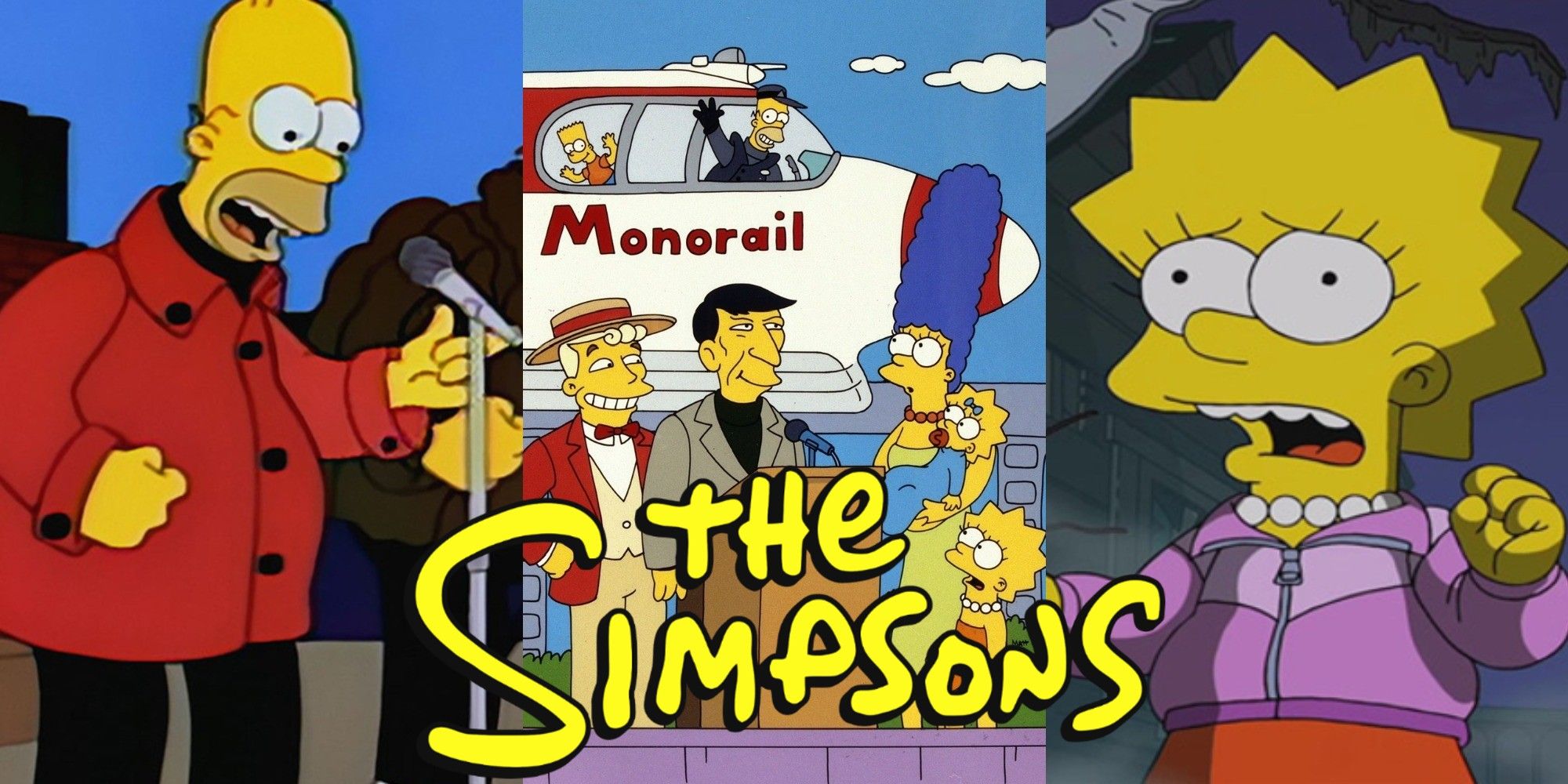 Split image of Homer, the Monorail and Lisa from The Simpsons with the show's logo on top