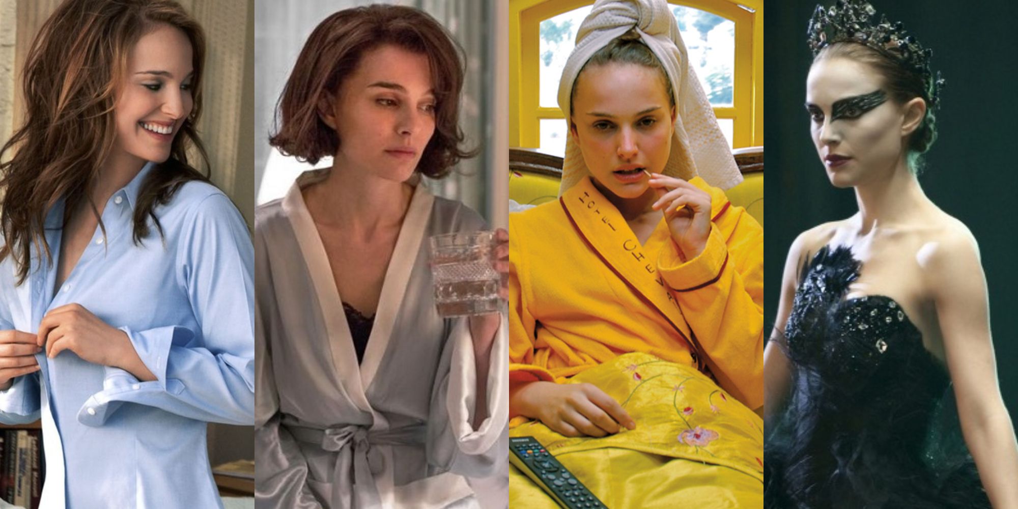 Split image of Natalie Portman in No Strings Attached, Jackie, The Darjeeling Limited and Black Swan