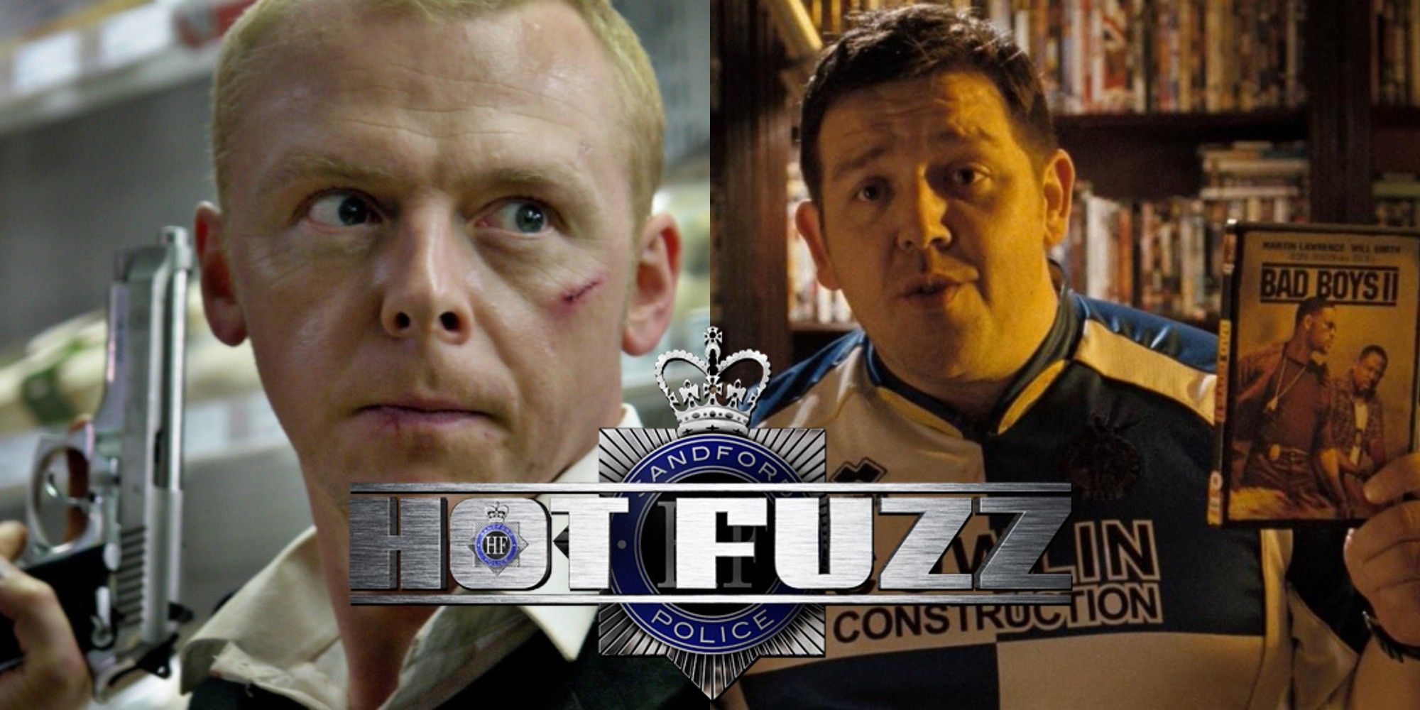 Split image of Simon Pegg and Nick Frost in Hot Fuzz with the movie's logo on top