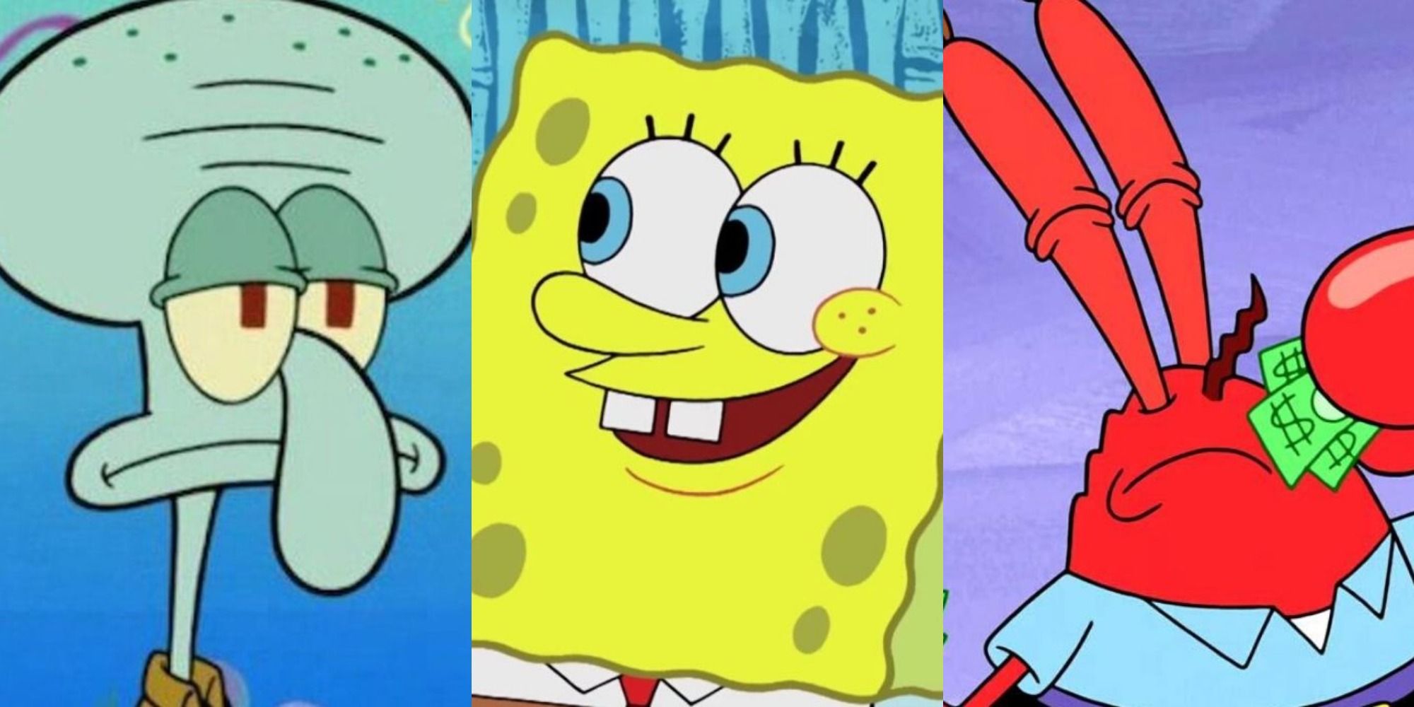 Split image of Squidward, SpongeBob, and Mr Krabs from SpongeBob Squarepants