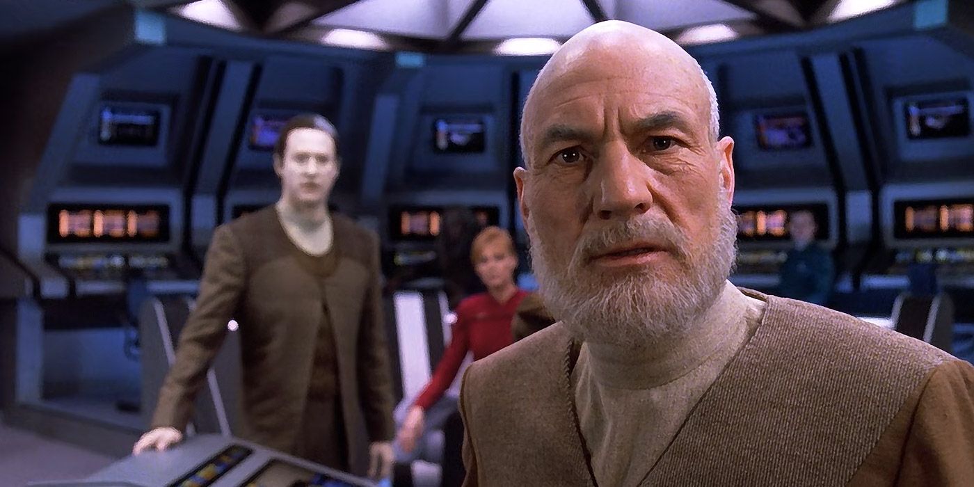 An older Picard looks at a view screen in Star Trek: The Next Generation