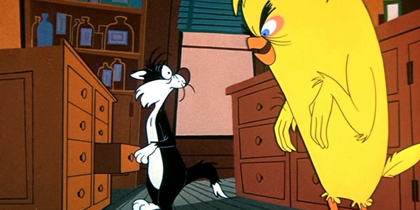 Sylvester Tweety turns around to see giant monster Tweety in Looney Tunes