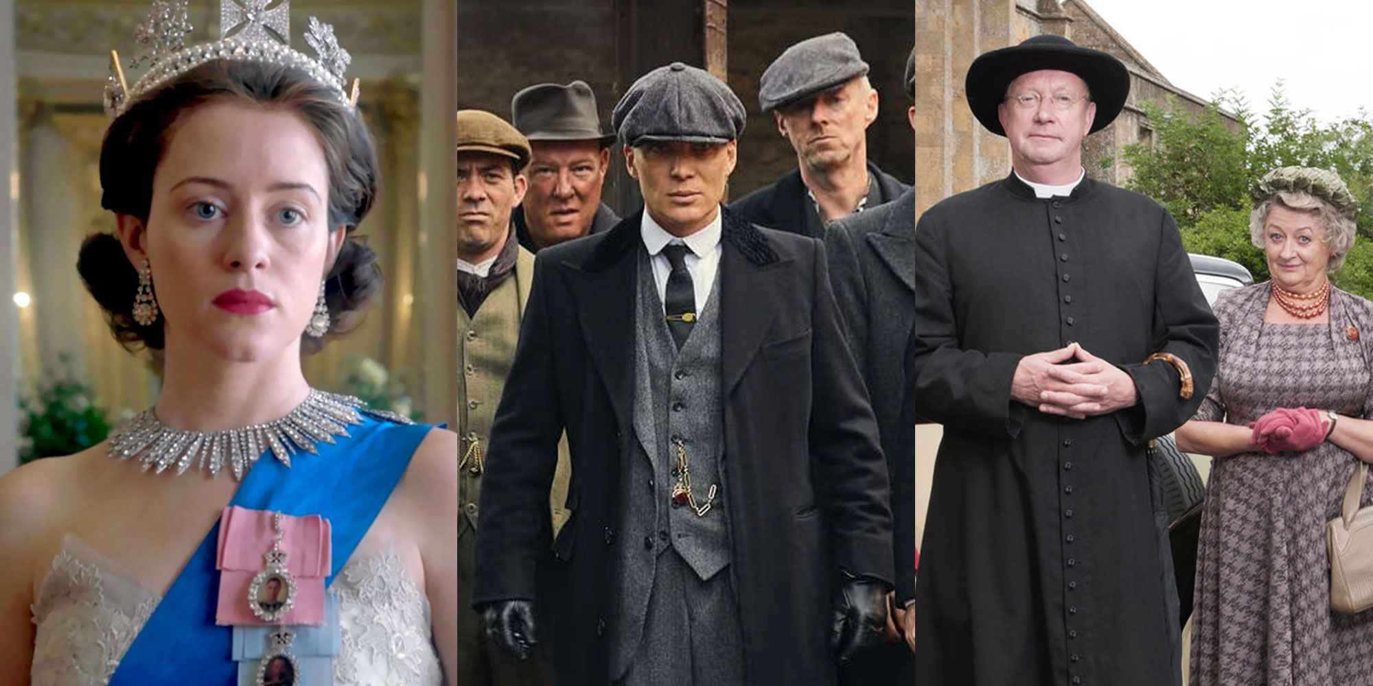 A split image features the main characters in The Crown, Peaky Blinders, and Father Brown