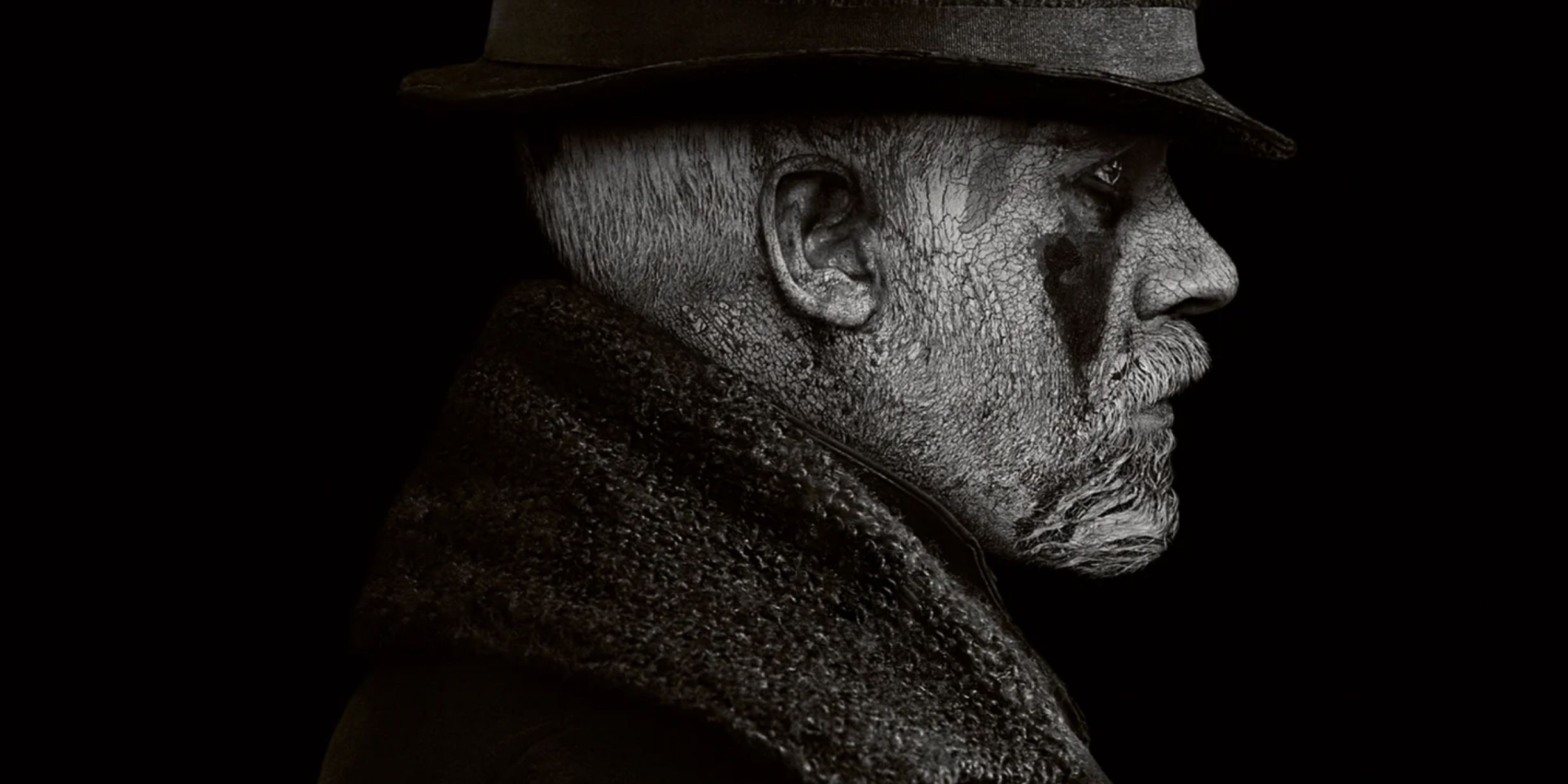 Black and white promo image of Tom Hardy in BBC Taboo