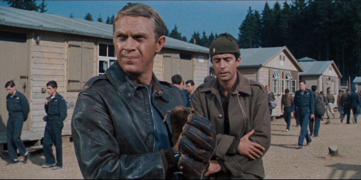Steve McQueen standout in the camp with a baseball glove in The Great Escape