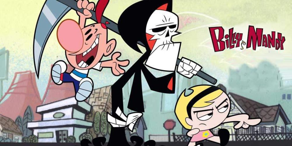 Billy hanging from the Grim Reaper's scythe while he walks with Mandy in Billy and Mandy