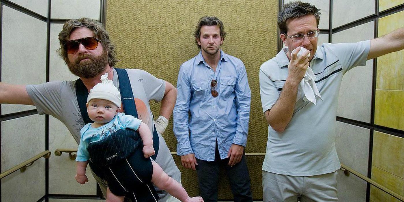 Alan, Phil, and Stu ride an elevator in The Hangover 