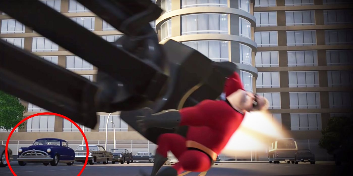 Mr. Incredible in a battle while a car that looks like Doc Hudson sits in the background.