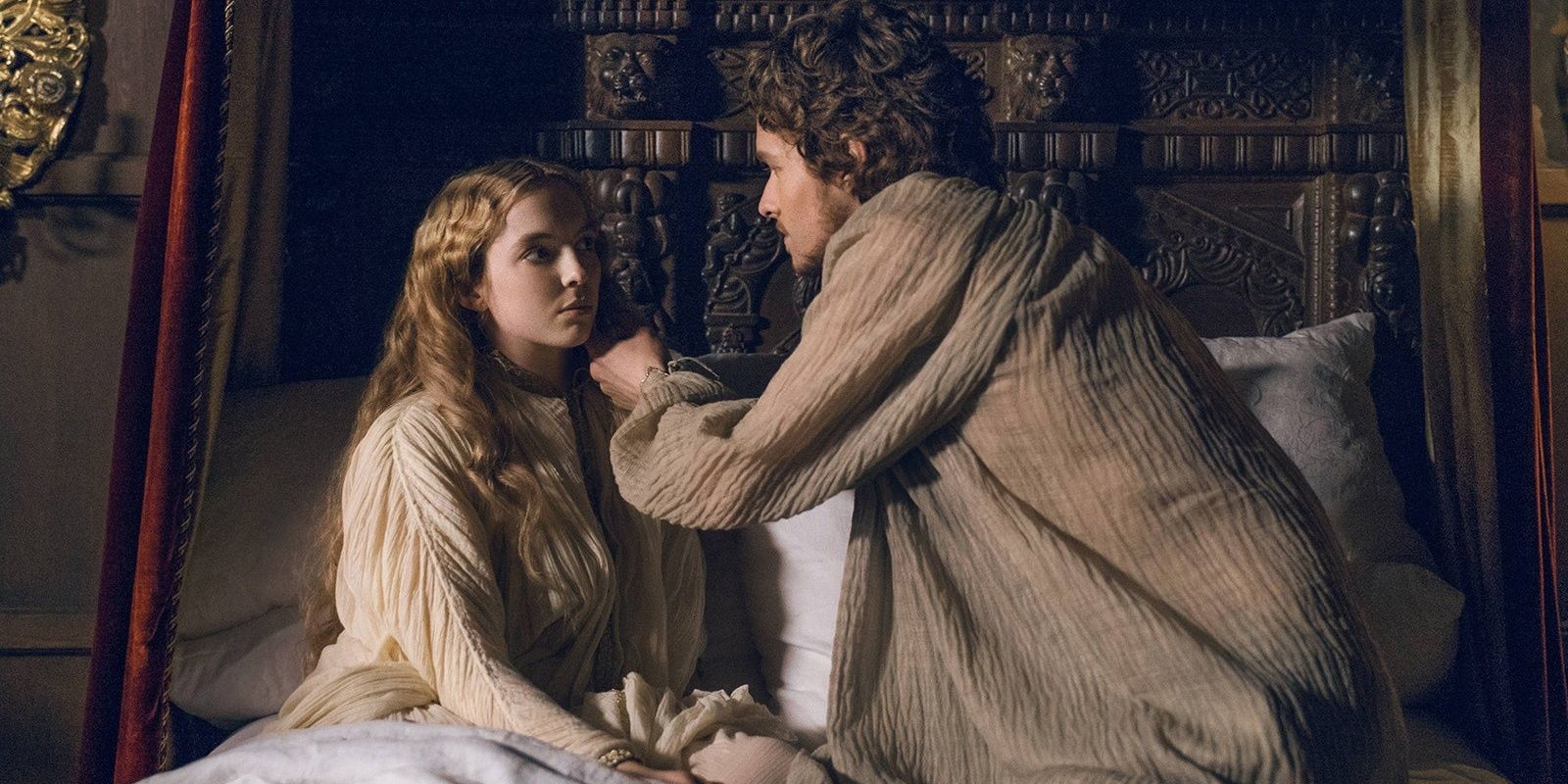 Jodie Comer as Elizabeth in bed in The White Princess