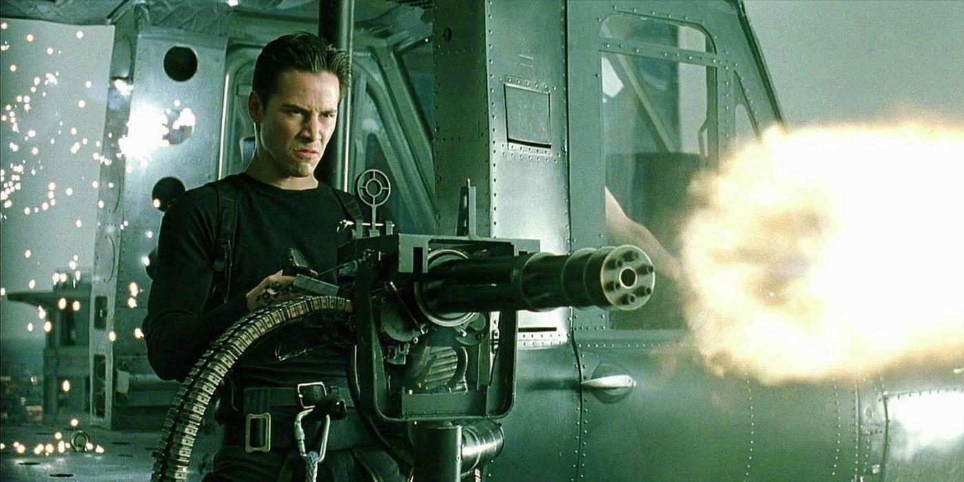 Neo firing a gun in The Matrix 