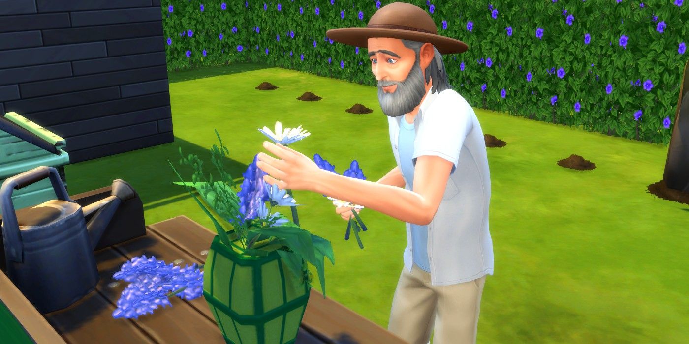An Adult Man creates a floral vase in The Sims 4