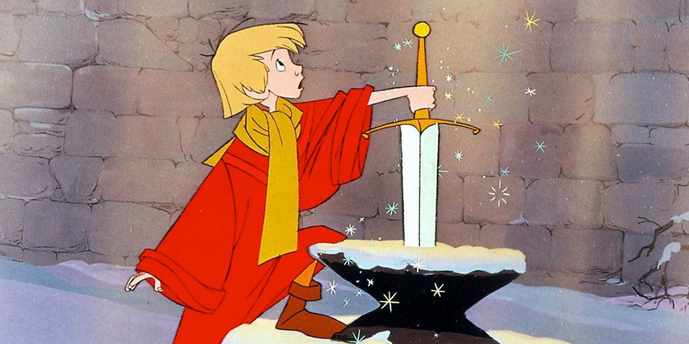 Arthur puxando a espada em A Espada na Pedra