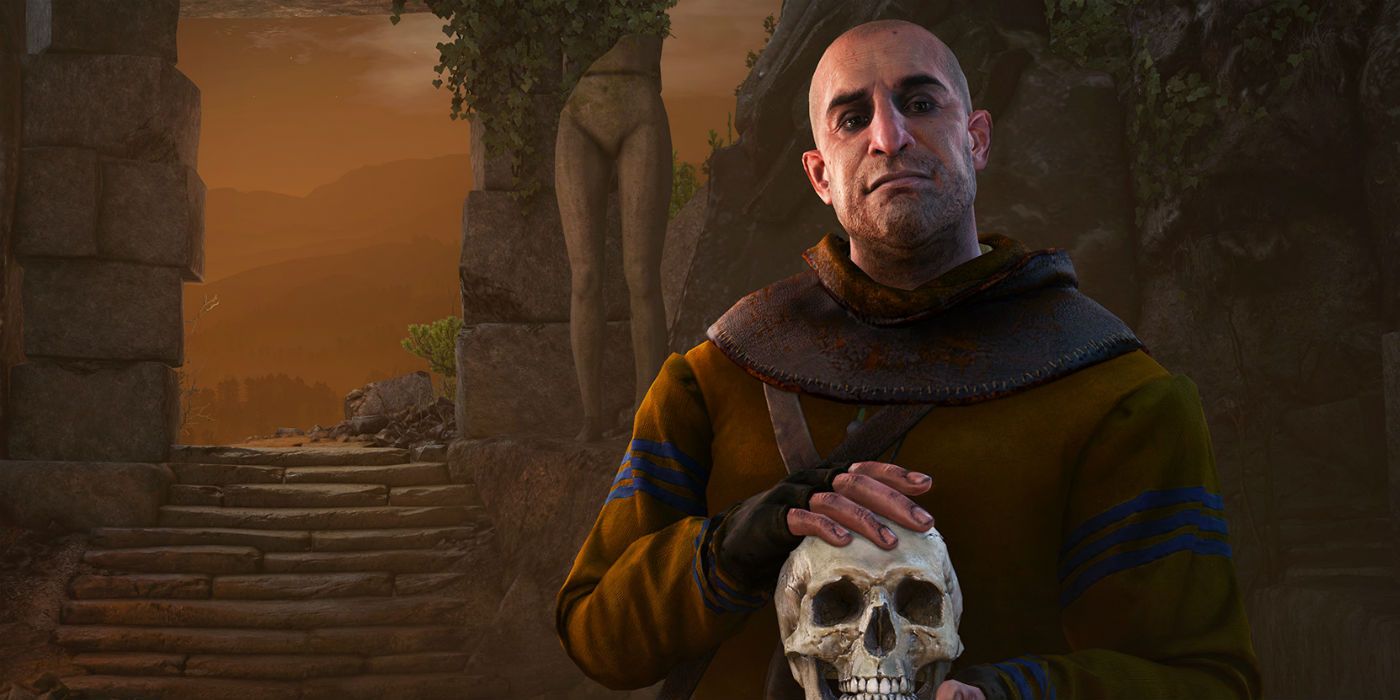 A man holds a human skull from The Witcher 3 DLC Hearts of Stone