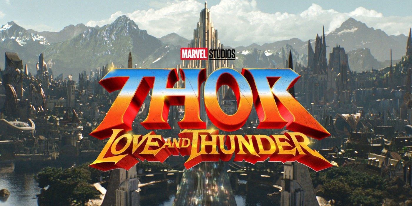 An image of The New Asgard with the title &quot;Thor: Love and Thunder&quot; written across it. In the background, there is several picturesque images, mountains, a peaceful lake and a blue sky