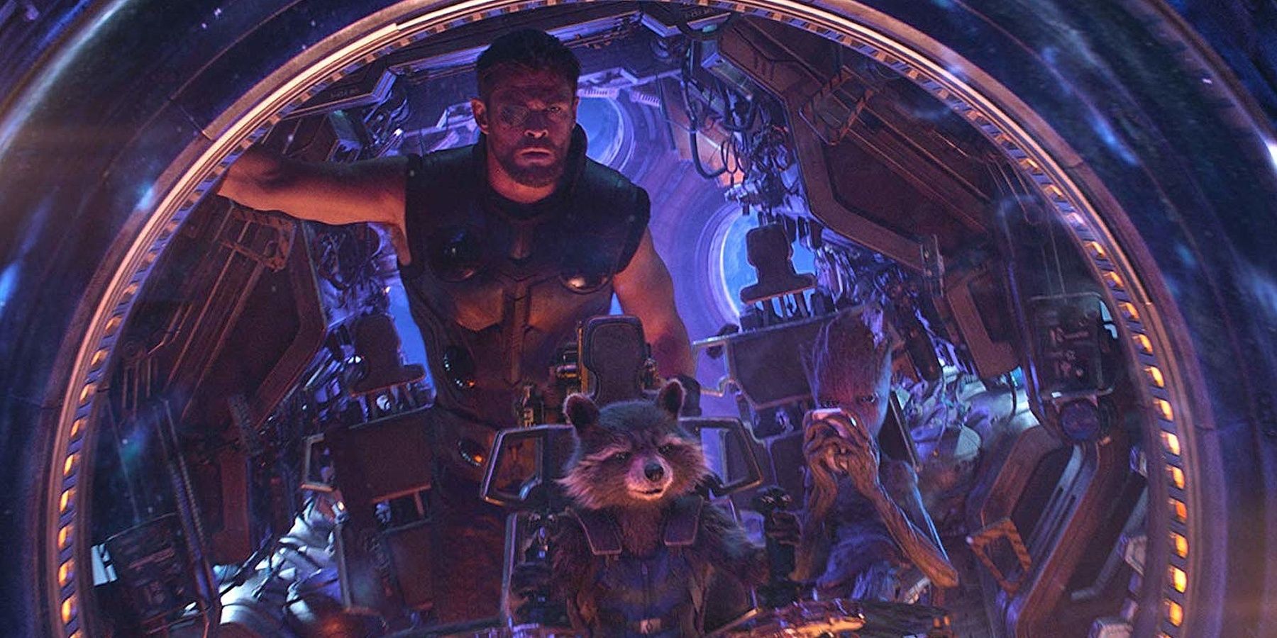 Thor, Rocket, and Teen Groot in a spaceship in Avengers: Infinity War