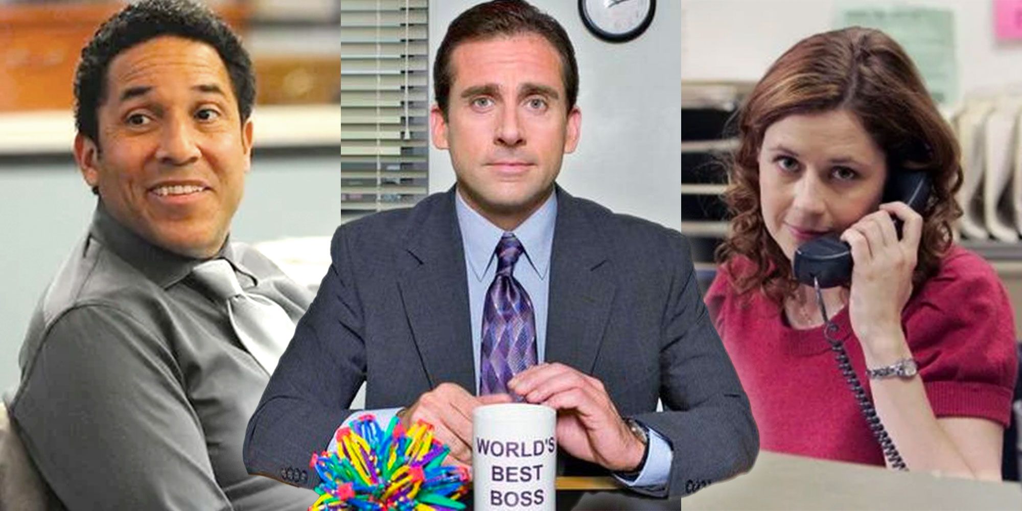 Split image of The Office characters Oscar, Michael, and Pam