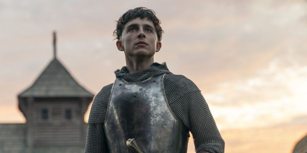 Timothee Chalamet standing up in armor in The King