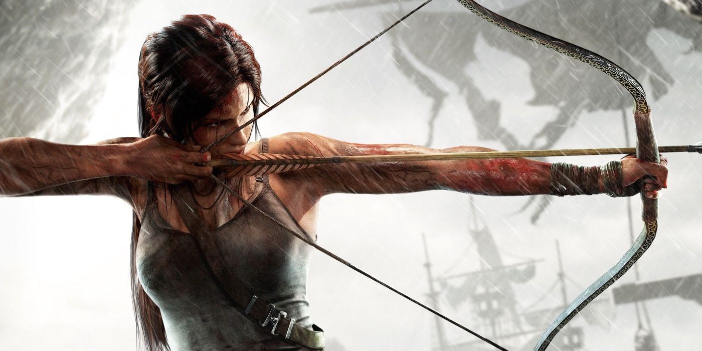 Lara Croft pulling back her bow in Tomb Raider