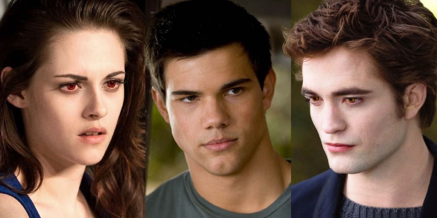 A split image depicts Bella, Jacob, and Edward in The Twilight Saga