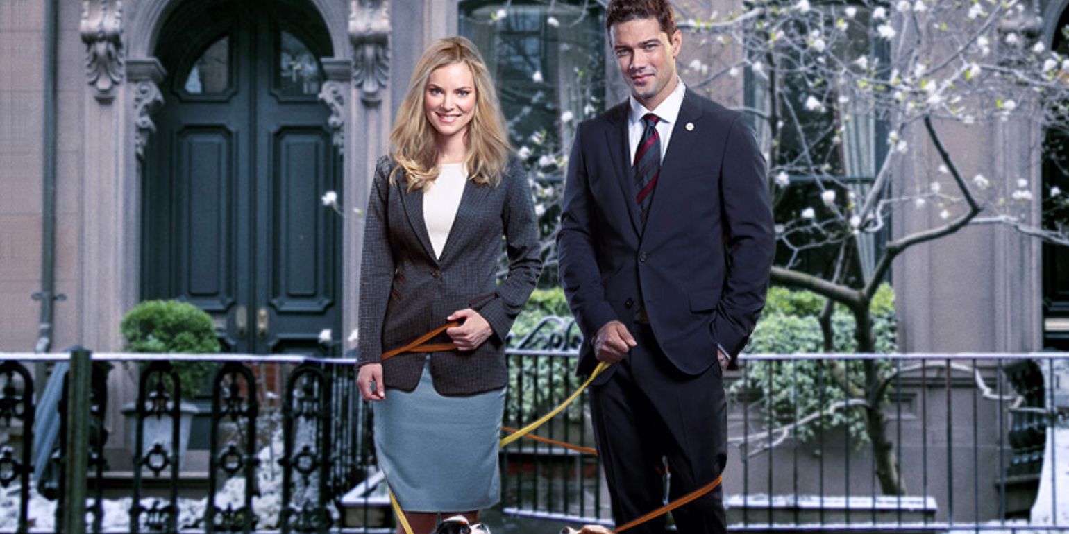 Elizabeth and Darcy stand with dog leashes wrapped around them in Unleashing Mr. Darcy