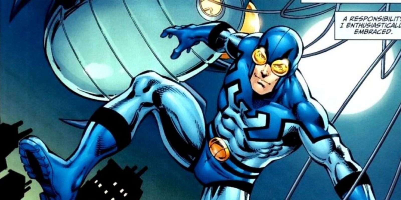 Ted Kord as Blue Beetle jumping into the night in Marvel comics