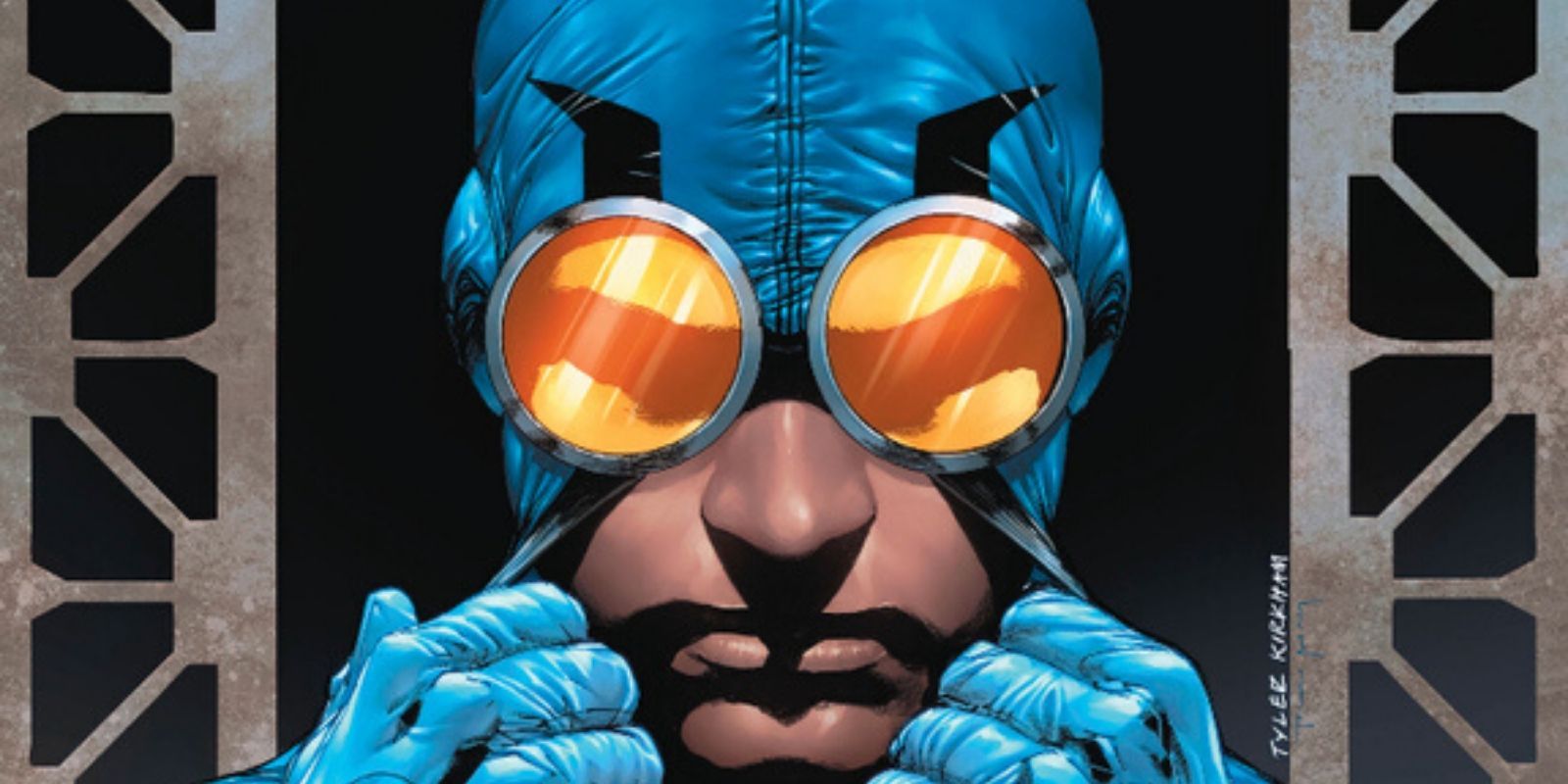 Ted Kord putting on his Blue Beetle mask