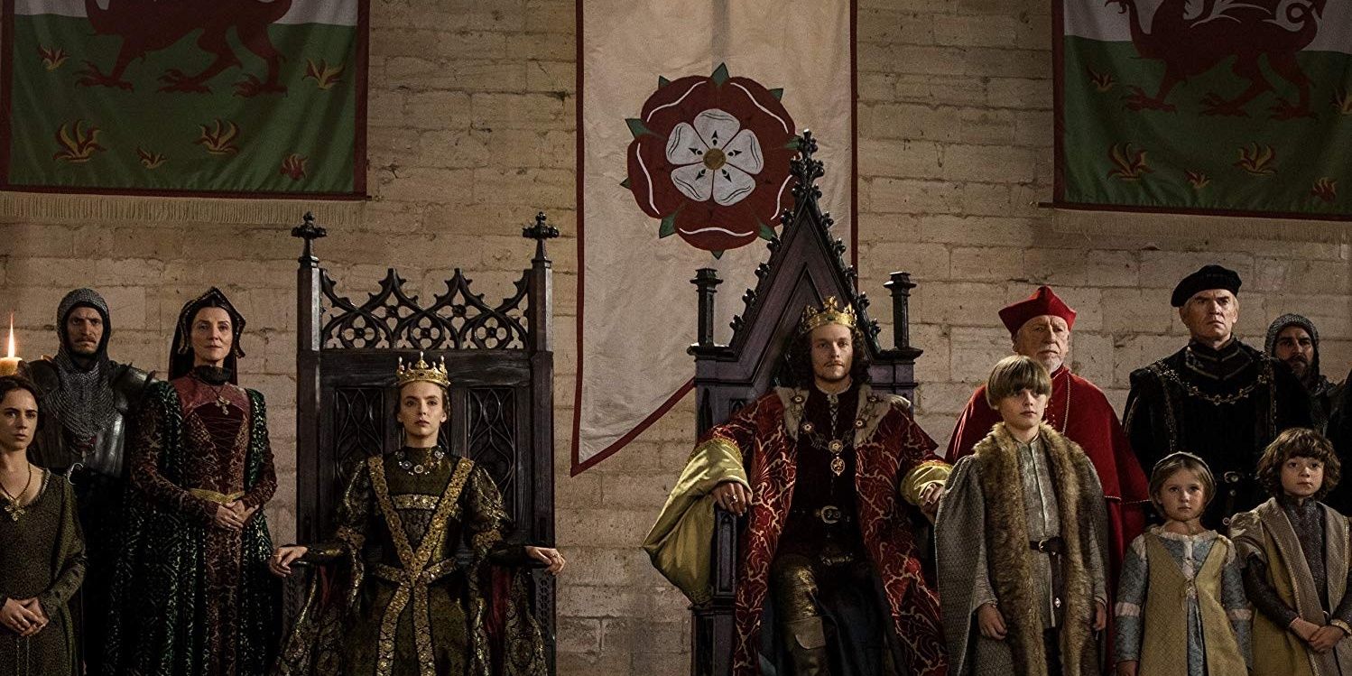 Jodie Comer as Elizabeth in The White Princess on the throne with Henry VII